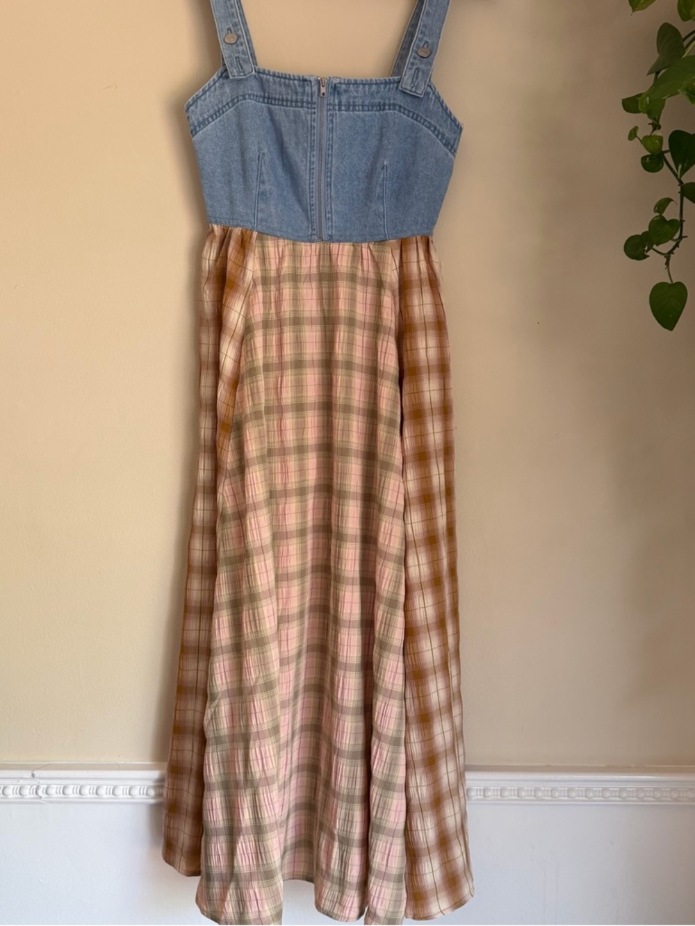 Forever 21 Light Blue Denim Top with Plaid Skirt Bottom